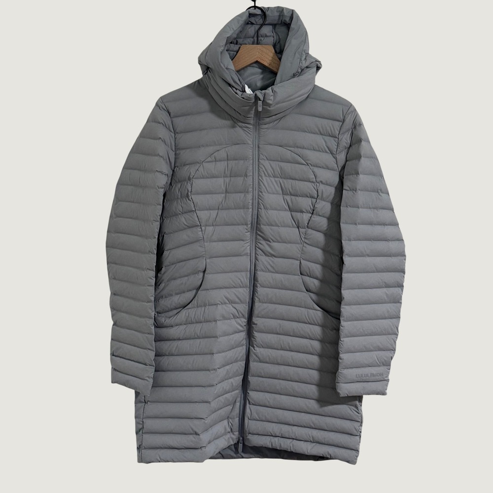 Lululemon Pack It Down Long Jacket Womens 10 Gray Hooded Puffer Parka Down Coat